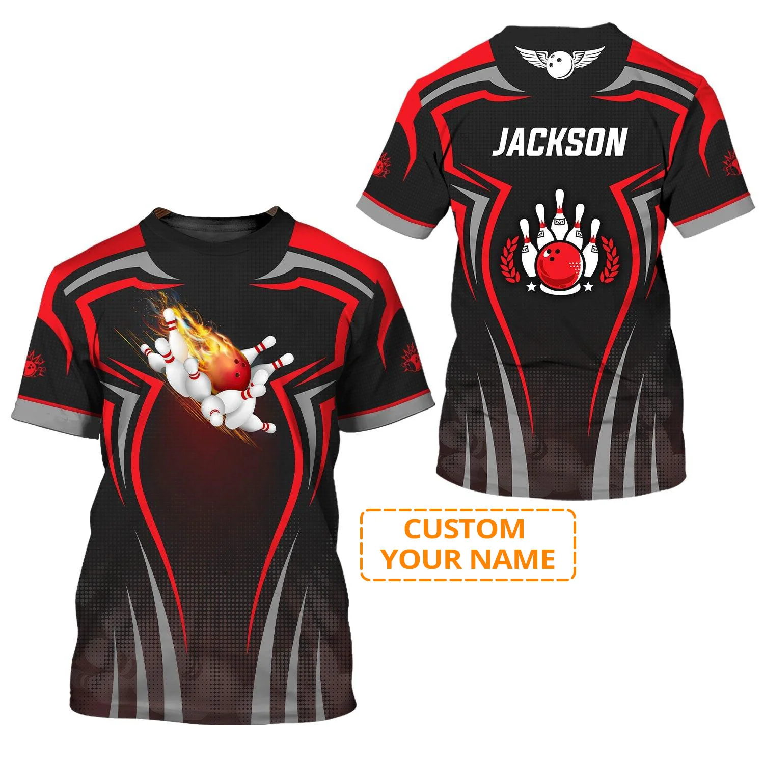 Bowling Custom Name T Shirt, The Red Bowling Ball Crashing The Pins Personalized T-Shirt For Men, Perfect Gift For Bowling Lovers, Bowlers, Team - Image 2