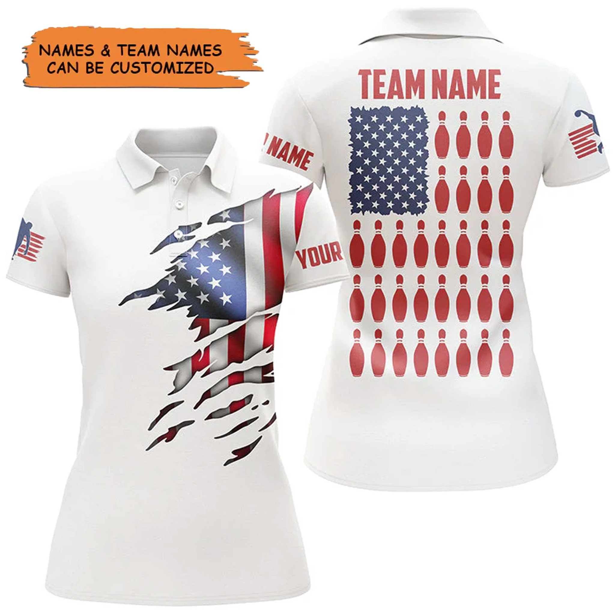 Bowling Custom Name & Team Women Polo Shirt - Bowling Pin, American Flag  Personalized Bowling Polo Shirt - Gift For Friend, Family, Bowling Lovers