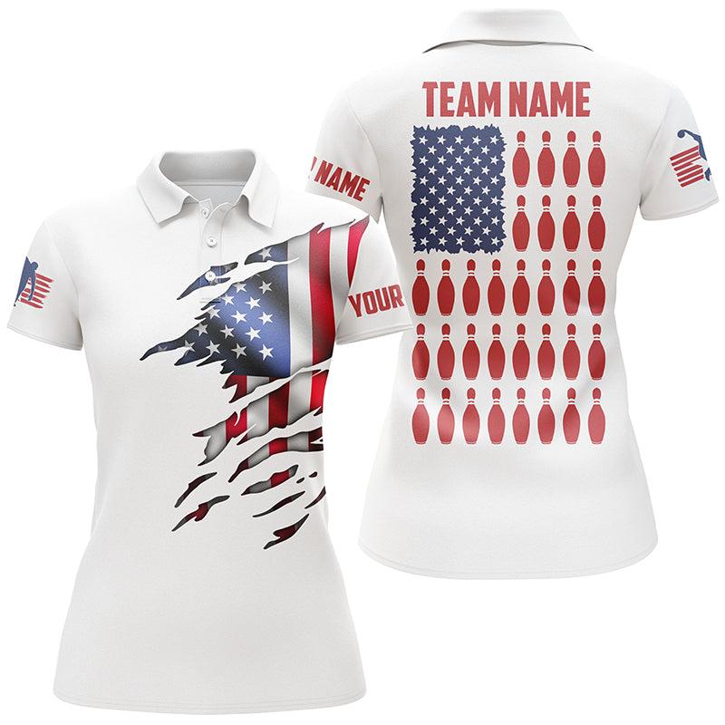 Bowling Custom Name & Team Women Polo Shirt - Bowling Pin, American Flag  Personalized Bowling Polo Shirt - Gift For Friend, Family, Bowling Lovers - Image 2