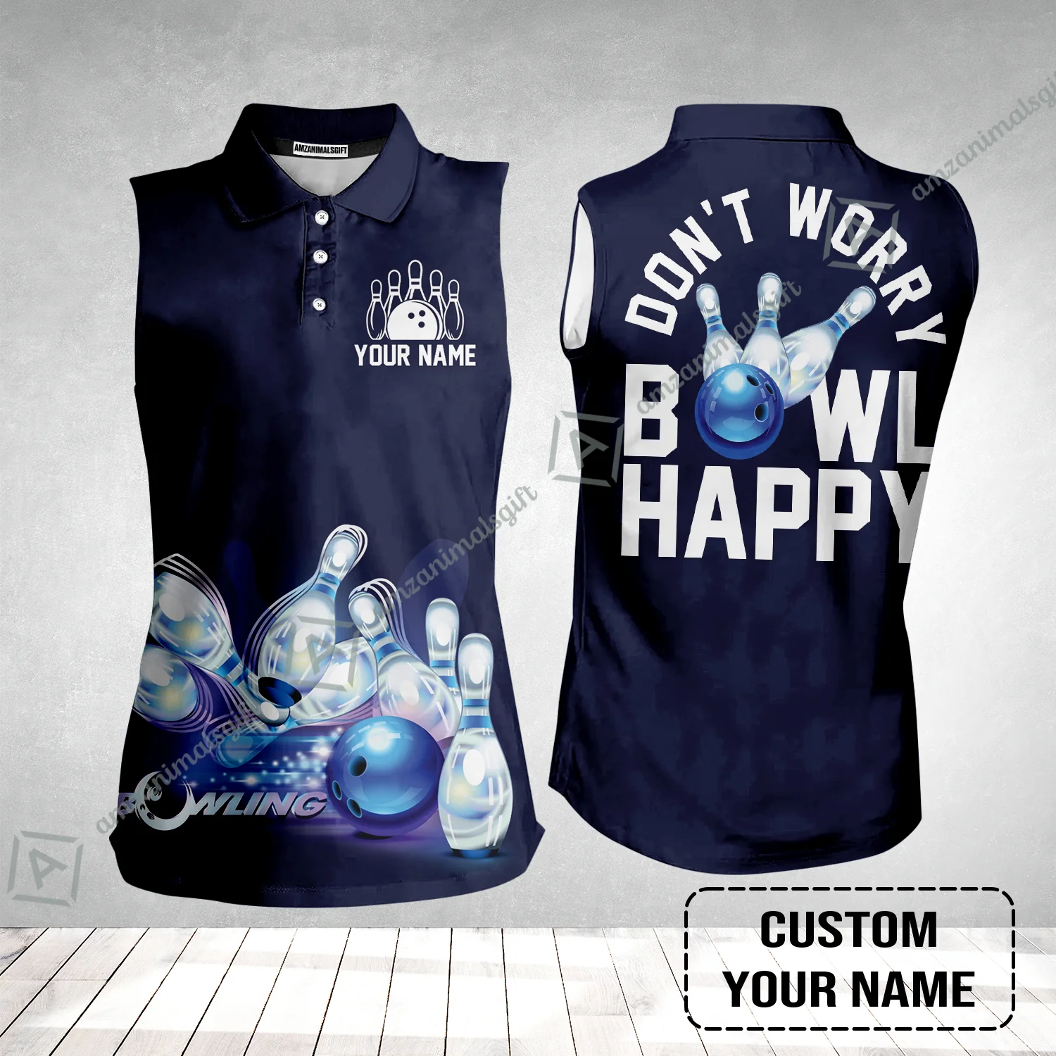 Bowling Custom Name Women Sleeveless Polo Shirt- Don't Worry Bowl Happy Personalized Women Sleeveless Polo Shirt - Gift For Friend, Family, Bowling Lovers - Image 2