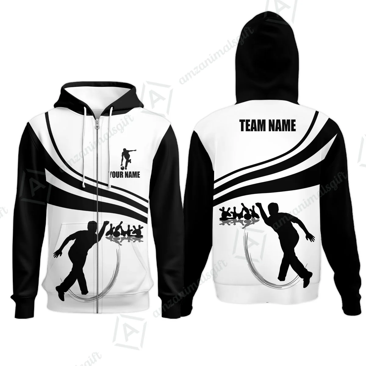 Bowling Custom Name Zip Hoodie - Black and Gold Men Bowlers Personalized Zip Hoodie