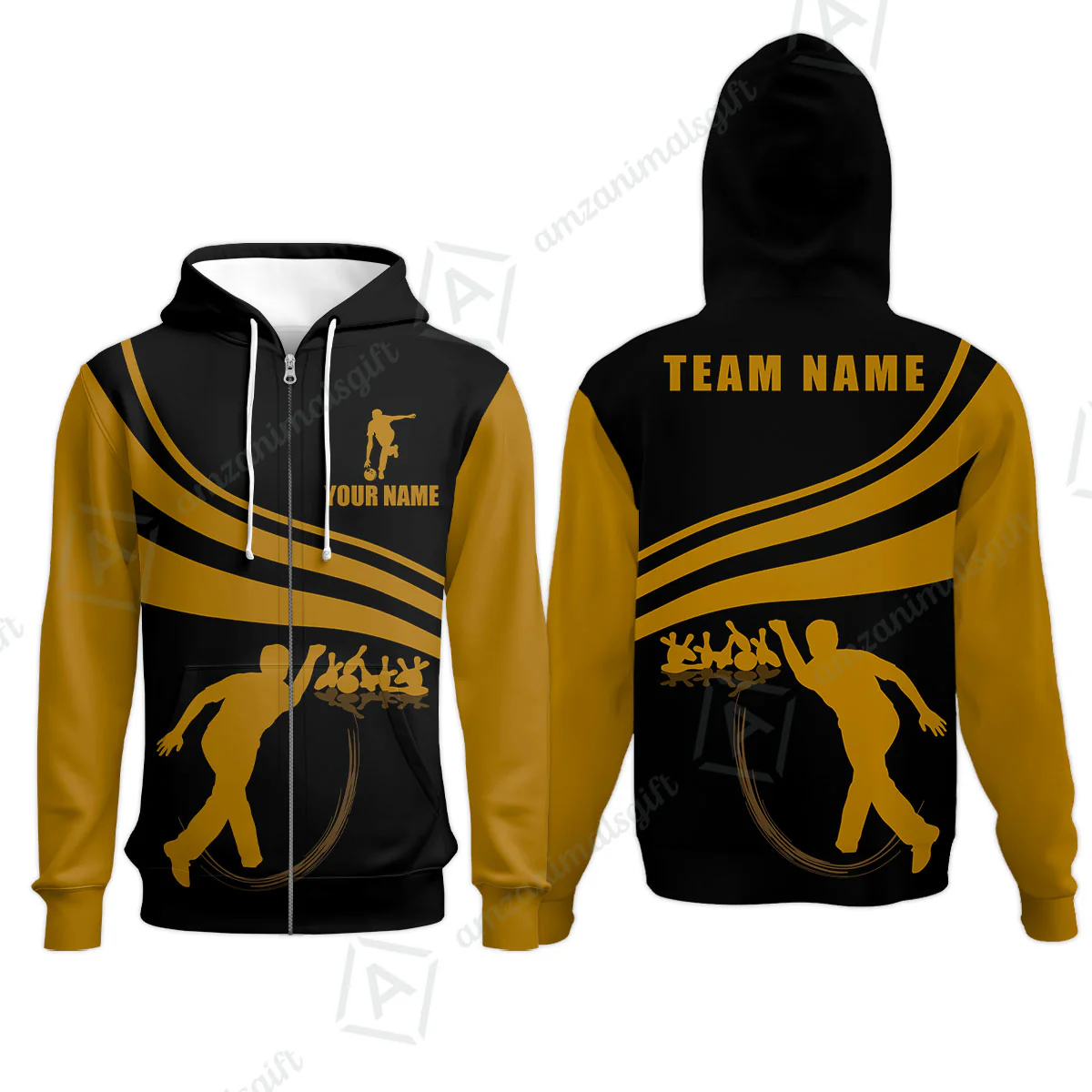 Bowling Custom Name Zip Hoodie - Black and Gold Men Bowlers Personalized Zip Hoodie - Image 2