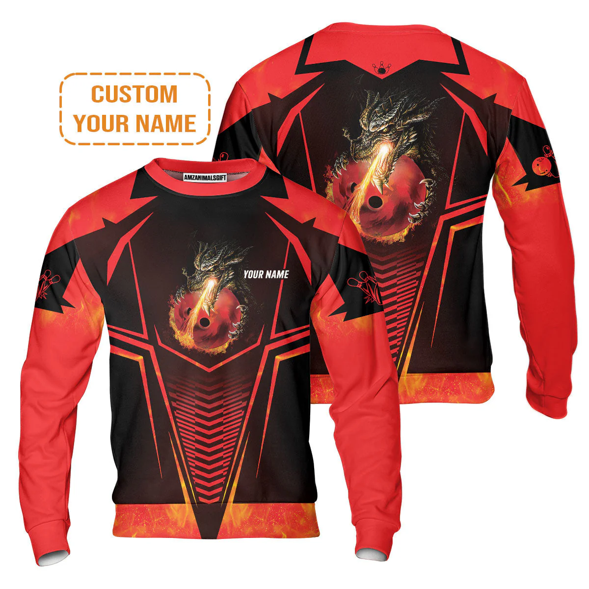 Bowling Custom Sweatshirt- Custom Name Dragon Fire Flame Personalized Bowling Sweatshirt - Image 2