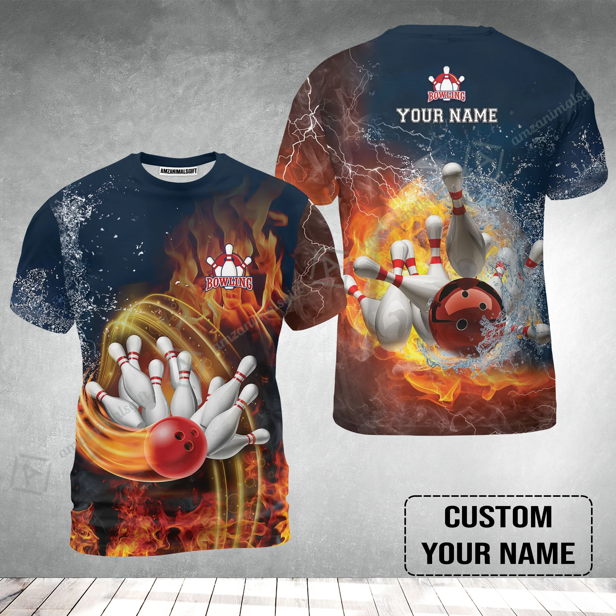 Bowling Custom T-Shirt - Custom Name Red Bowl And Pins In Water And Fire Personalized T-Shirt - Image 2