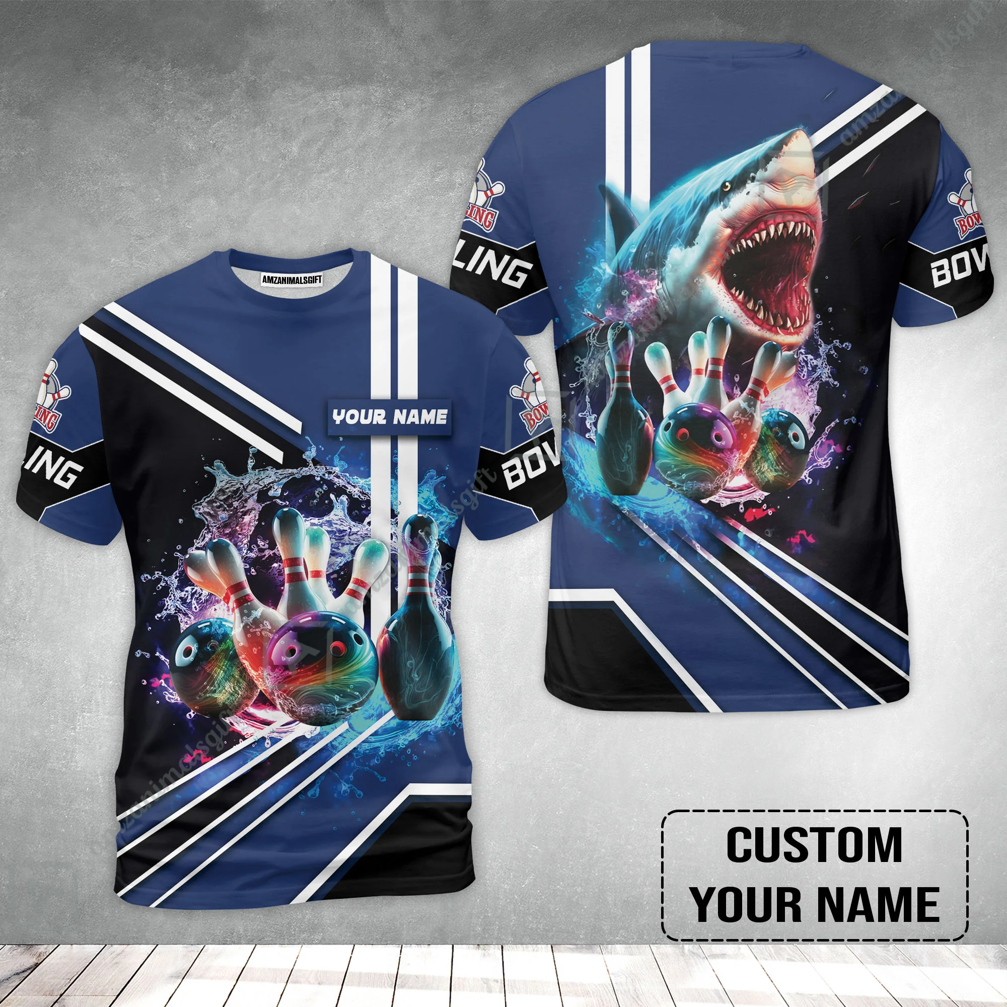 Bowling Custom T-Shirt - Custom Name Shark Team Rainbow Bowling Ball And Pins On Water Personalized T-Shirt - Image 2