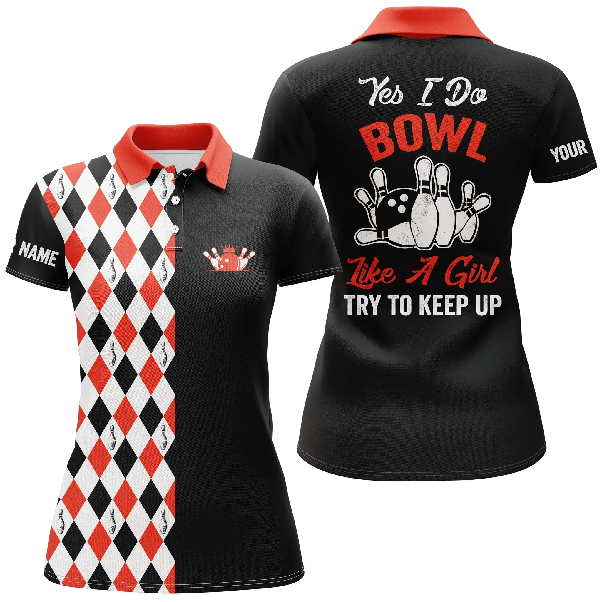 Bowling Custom Women Polo Shirt - Black Red Bowling Custom Name, Bowl Like A Girl Personalized Bowling Polo Shirt - Gift For Friend, Family, Bowling Lovers - Image 2