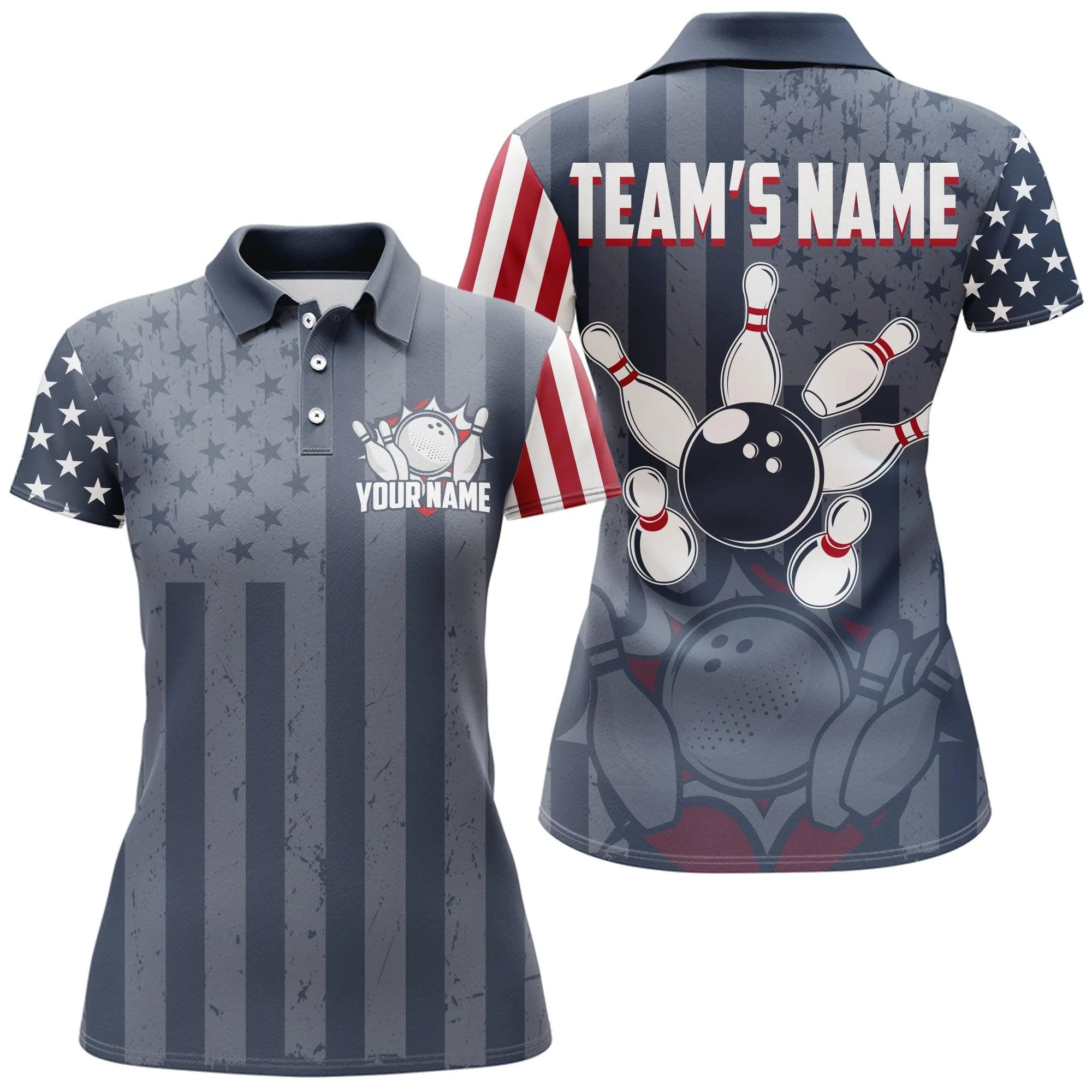 Bowling Custom Women Polo Shirt - Custom Name American Flag Bowling Patriotic Navy Personalized Bowling Polo Shirt - Gift For Friend, Family, Bowling Lovers - Image 2