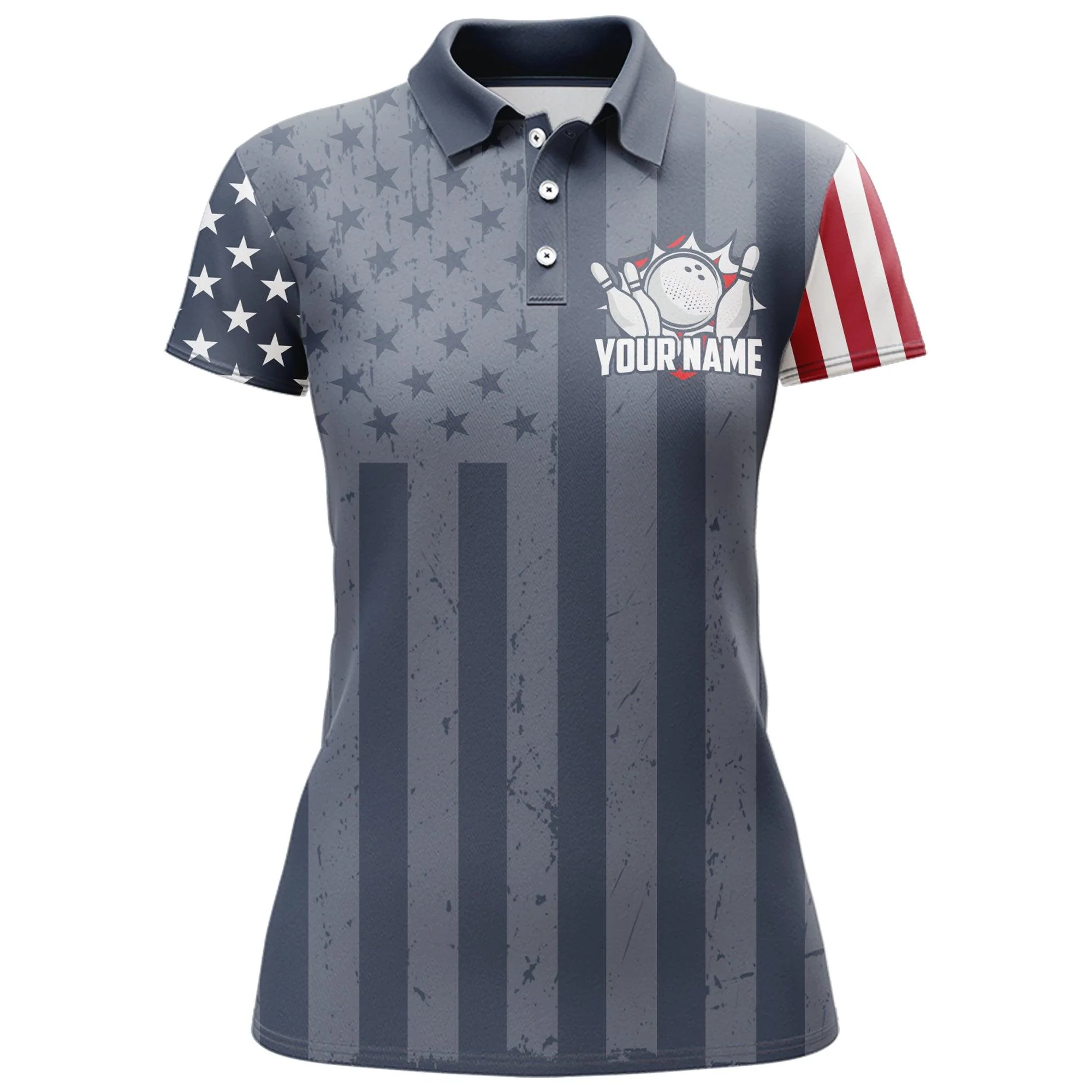 Bowling Custom Women Polo Shirt - Custom Name American Flag Bowling Patriotic Navy Personalized Bowling Polo Shirt - Gift For Friend, Family, Bowling Lovers - Image 3