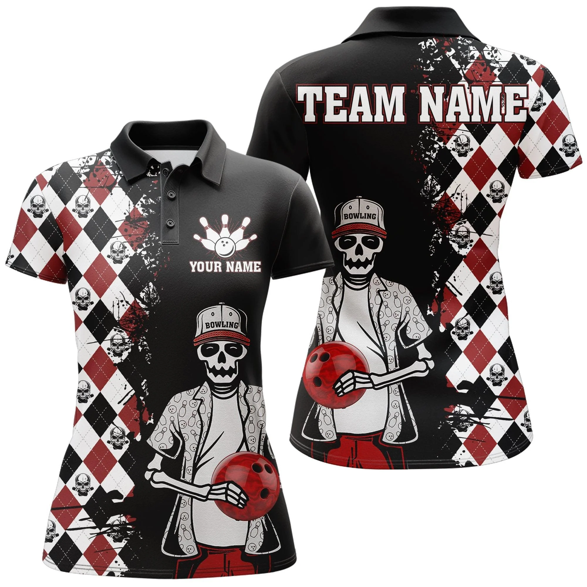 Bowling Custom Women Polo Shirt - Custom Name Argyle Pattern Skull Bowling Personalized Bowling Polo Shirt - Gift For Friend, Family, Bowling Lovers - Image 3