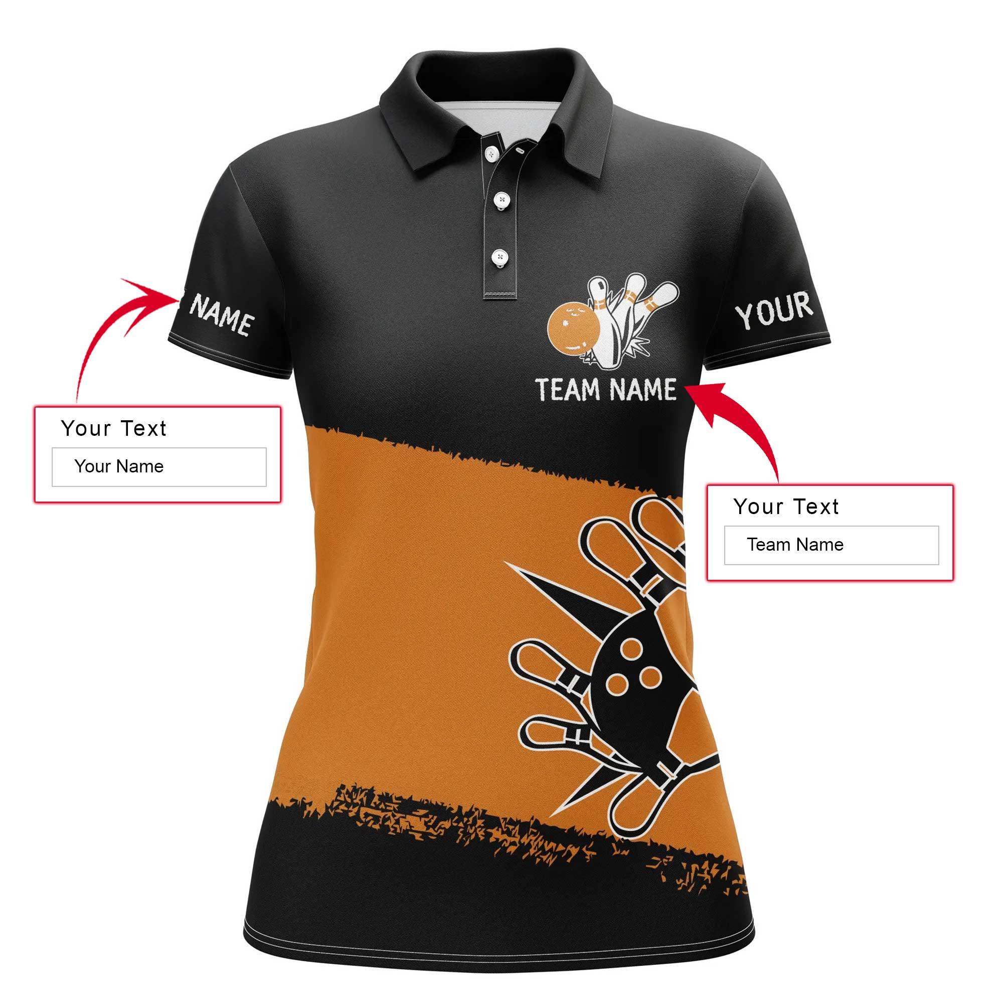 Bowling Custom Women Polo Shirt - Custom Name Black Orange Bowling Balls And Pins Personalized Bowling Polo Shirt - Gift For Friend, Family, Bowling Lovers