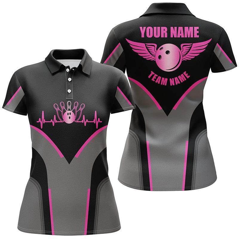 Bowling Custom Women Polo Shirt - Custom Name Black Pink Bowling Heartbeat Personalized Bowling Polo Shirt - Gift For Friend, Family, Bowling Lovers - Image 2