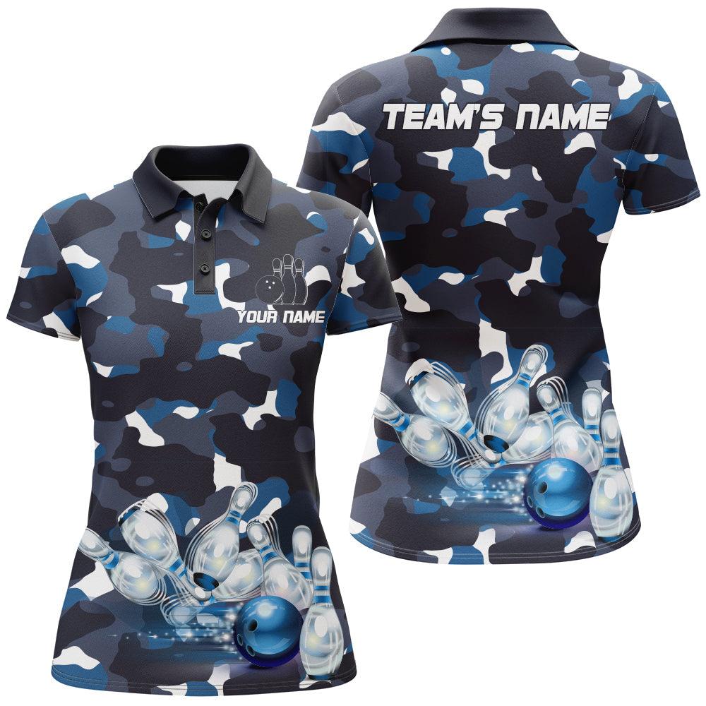 Bowling Custom Women Polo Shirt - Custom Name Blue Camo Bowling Personalized Bowling Polo Shirt - Gift For Friend, Family, Bowling Lovers - Image 2