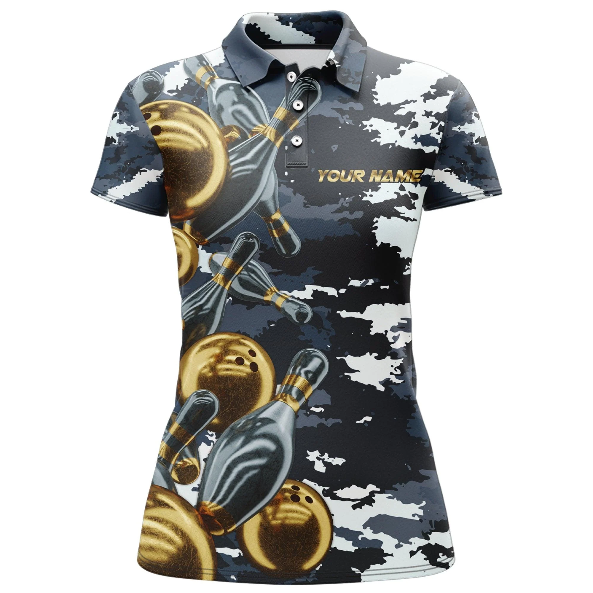 Bowling Custom Women Polo Shirt - Custom Name Camo Navy Bowling Personalized Bowling Polo Shirt - Gift For Friend, Family, Bowling Lovers - Image 3