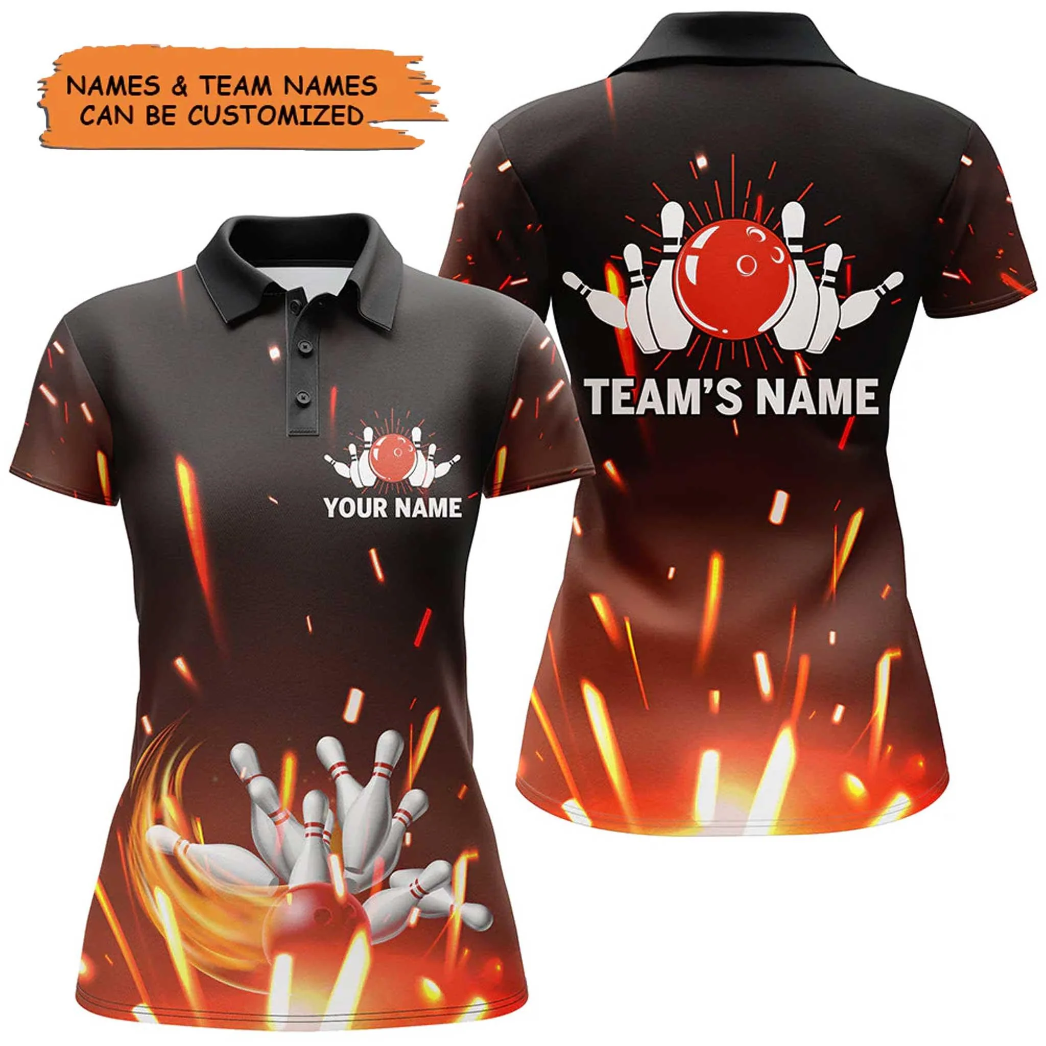 Bowling Custom Women Polo Shirt - Custom Name Flame Bowling Ball and Pins Personalized Bowling Polo Shirt - Gift For Friend, Family, Bowling Lovers