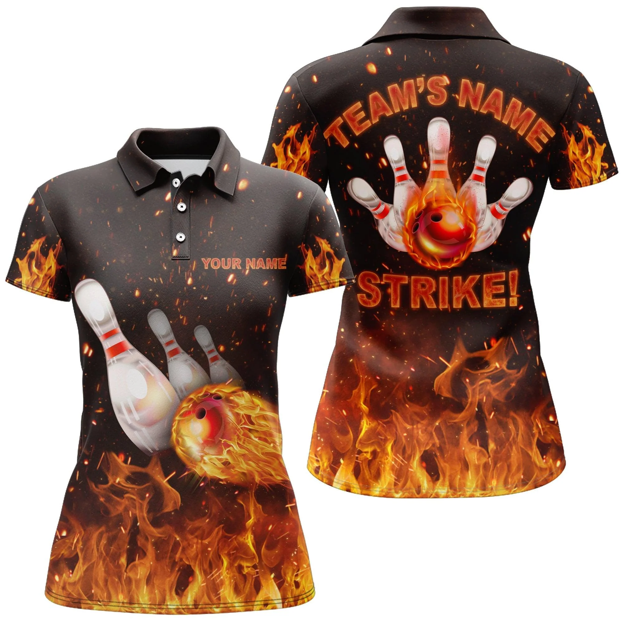 Bowling Custom Women Polo Shirt - Custom Name Flames Bowling Strike Personalized Bowling Polo Shirt - Gift For Friend, Family, Bowling Lovers - Image 2