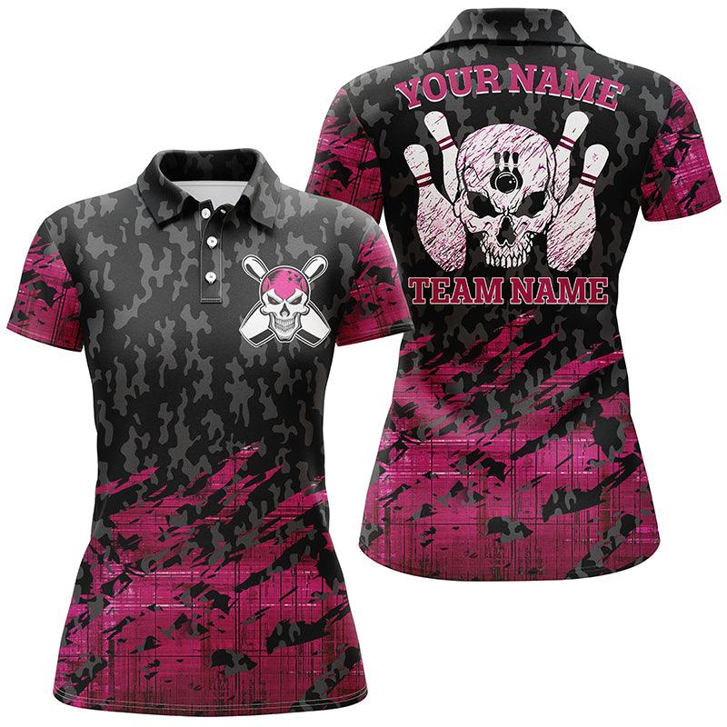 Bowling Custom Women Polo Shirt - Custom Name Pink Bowling Skeleton Personalized Bowling Polo Shirt - Gift For Friend, Family, Bowling Lovers - Image 2
