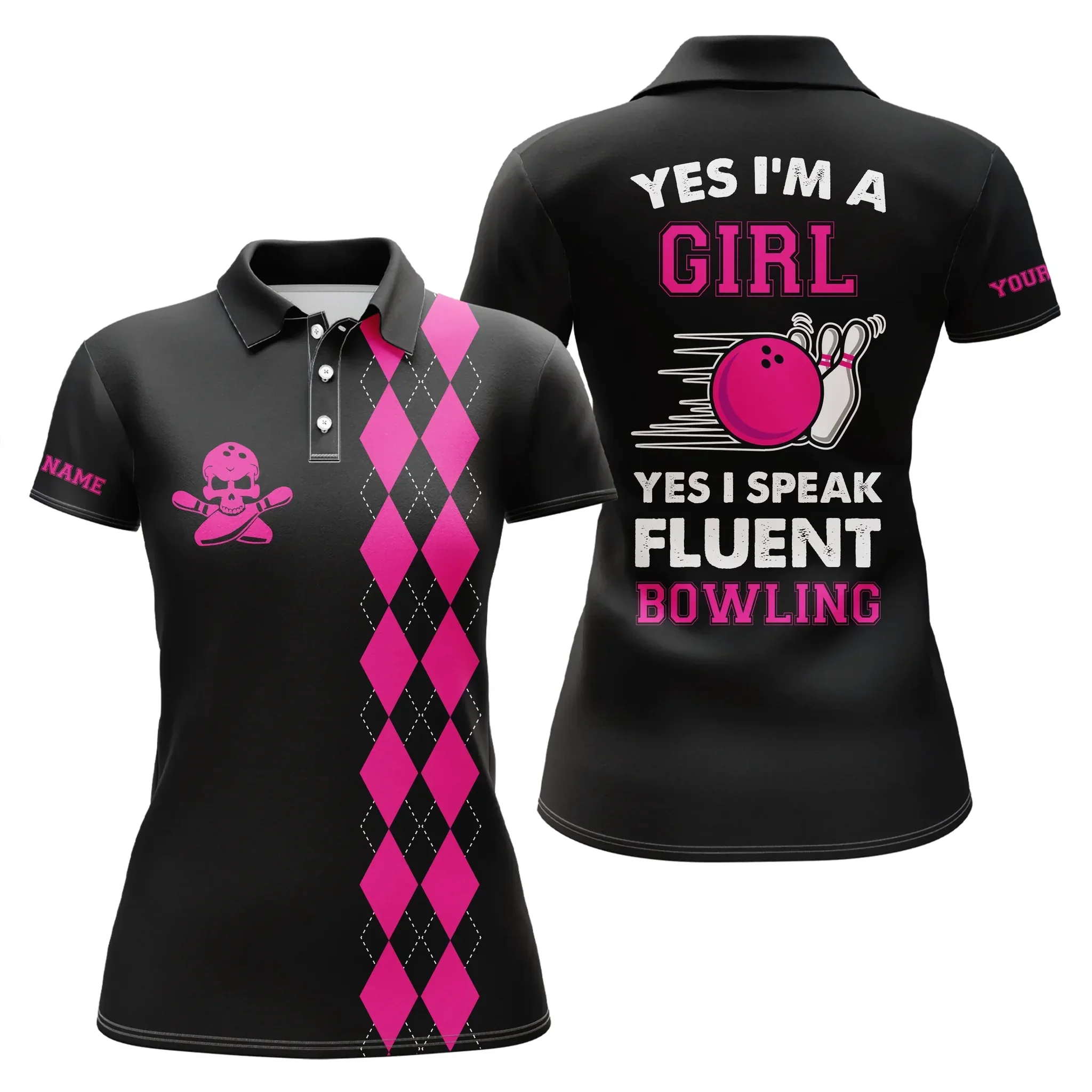 Bowling Custom Women Polo Shirt - Custom Name Polo Shirt, Black Pink Argyle Plaid Personalized Bowling Polo Shirt- Gift For Friend, Family, Bowling Lovers - Image 2