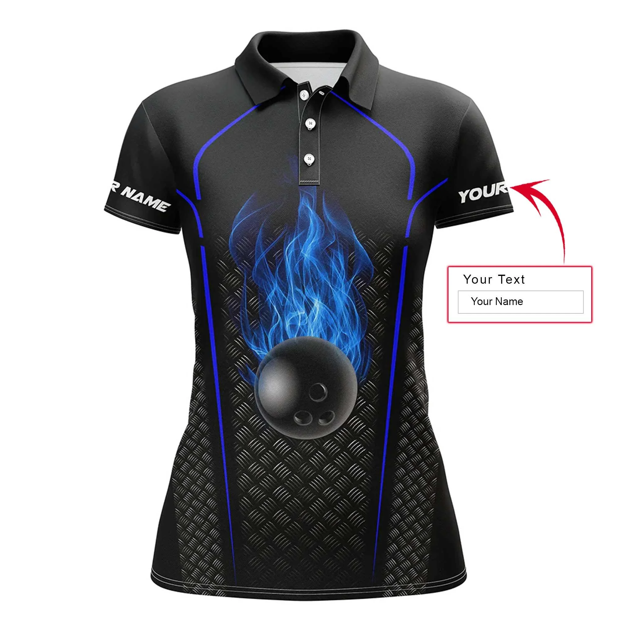 Bowling Custom Women Polo Shirt - Custom Name Polo Shirt, Blue Flame Bowling Ball Personalized Bowling Polo Shirt - Gift For Friend, Family, Bowling Lovers