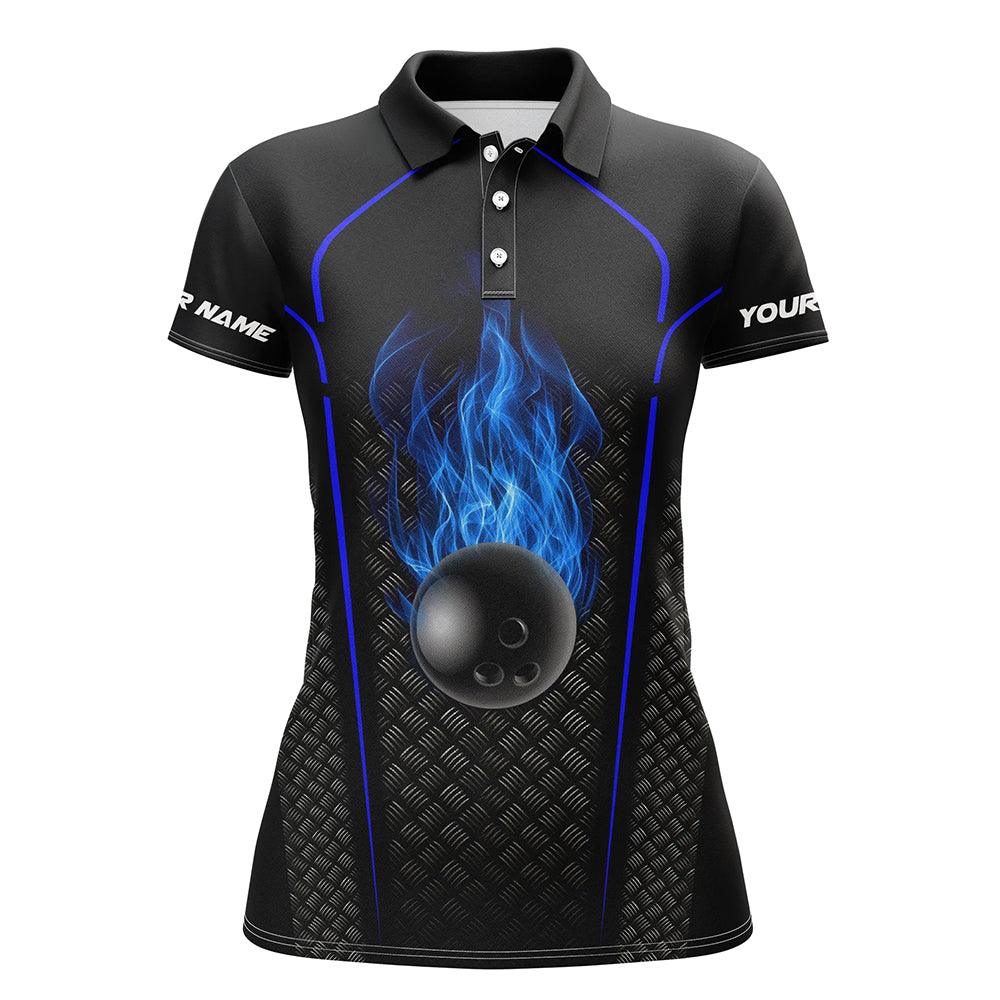 Bowling Custom Women Polo Shirt - Custom Name Polo Shirt, Blue Flame Bowling Ball Personalized Bowling Polo Shirt - Gift For Friend, Family, Bowling Lovers - Image 2
