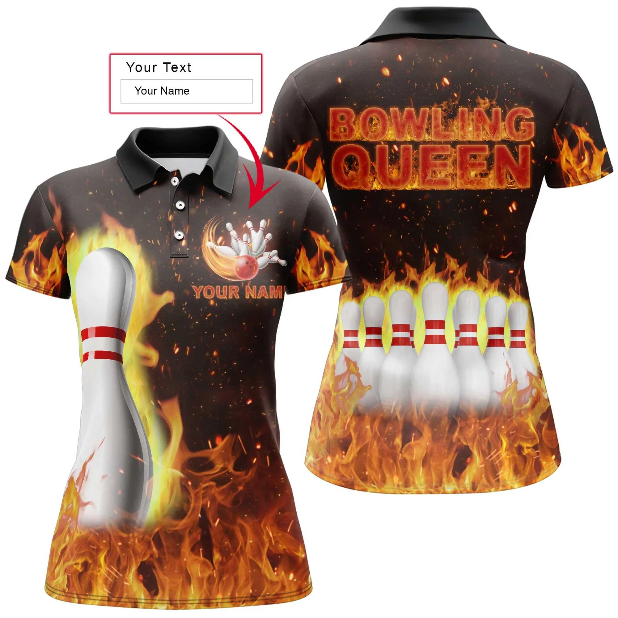 Bowling Custom Women Polo Shirt - Custom Name Polo Shirt, Flames Bowling Queen Personalized Bowling Polo Shirt - Gift For Friend, Family, Bowling Lovers