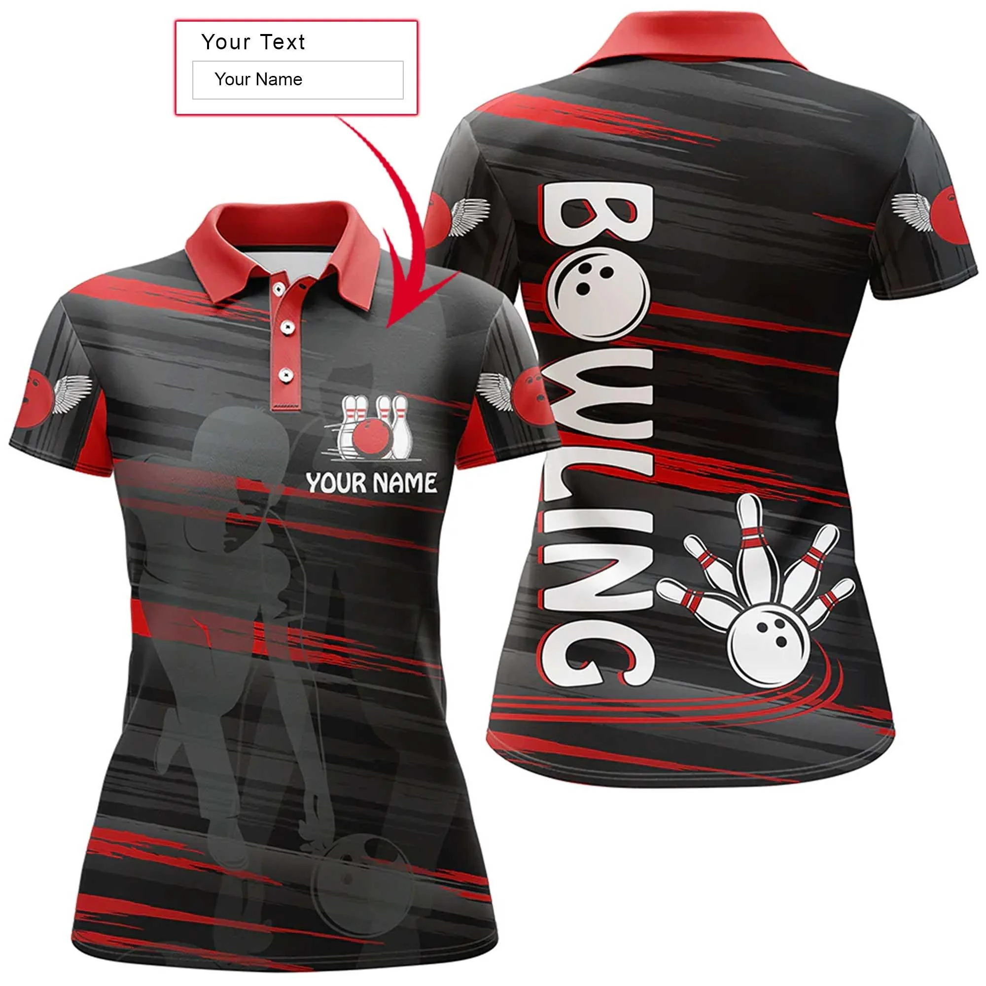 Bowling Custom Women Polo Shirt - Custom Name Red And Black Bowling Personalized Bowling Polo Shirt - Gift For Friend, Family, Bowling Lovers