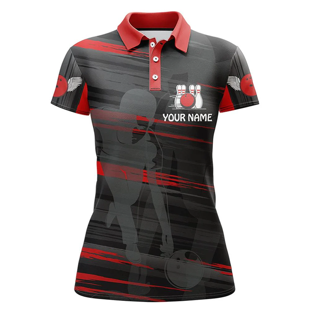 Bowling Custom Women Polo Shirt - Custom Name Red And Black Bowling Personalized Bowling Polo Shirt - Gift For Friend, Family, Bowling Lovers - Image 3