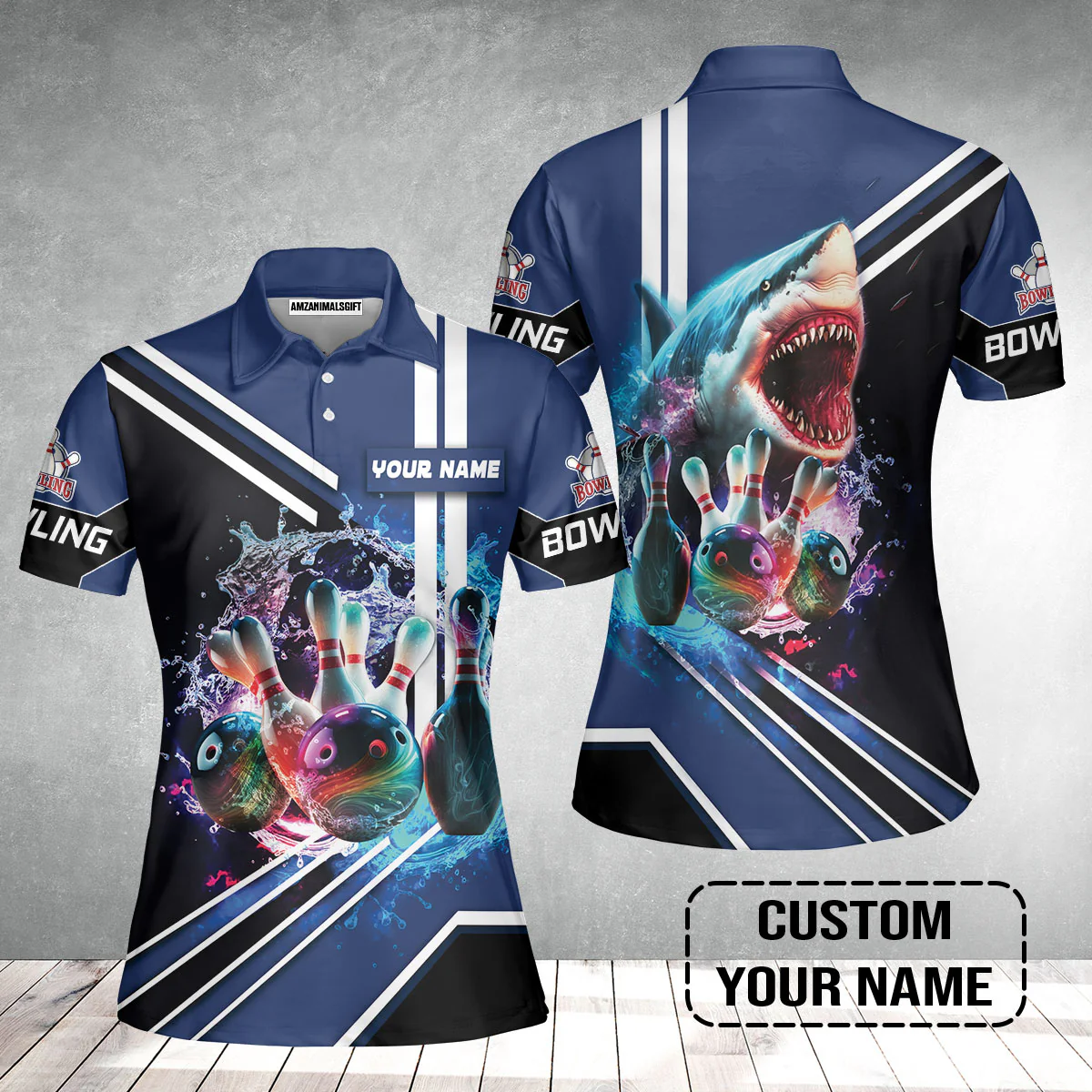 Bowling Custom Women Polo Shirt - Custom Name Shark Team Rainbow Bowling Ball And Pins On Water Personalized Women Polo Shirt - Image 2