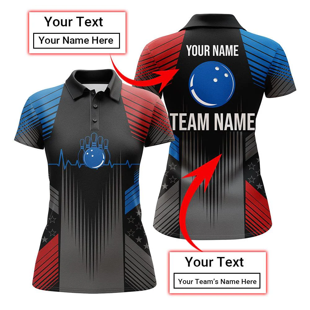 Bowling Custom Women Polo Shirt - Custom Name USA Bowling Personalized Bowling Polo Shirt - Gift For Friend, Family, Bowling Lovers