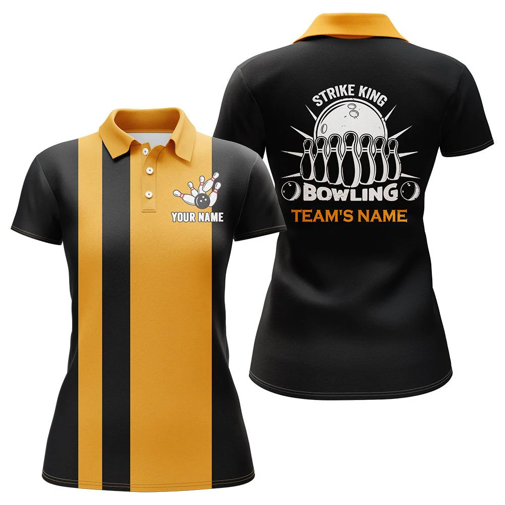 Bowling Custom Women Polo Shirt - Custom Name Vintage Yellow Black Bowling Personalized Bowling Polo Shirt - Gift For Friend, Family, Bowling Lovers