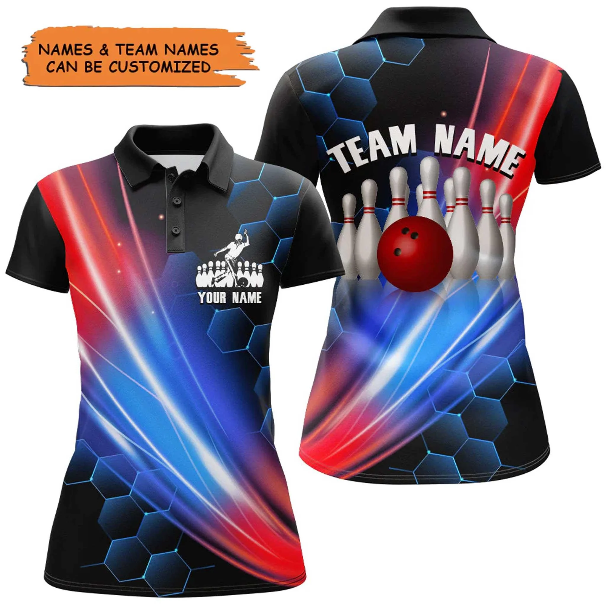 Bowling Custom Women Polo Shirt - Neon Pattern Personalized Bowling Polo Shirt - Gift For Friend, Family, Bowling Lovers
