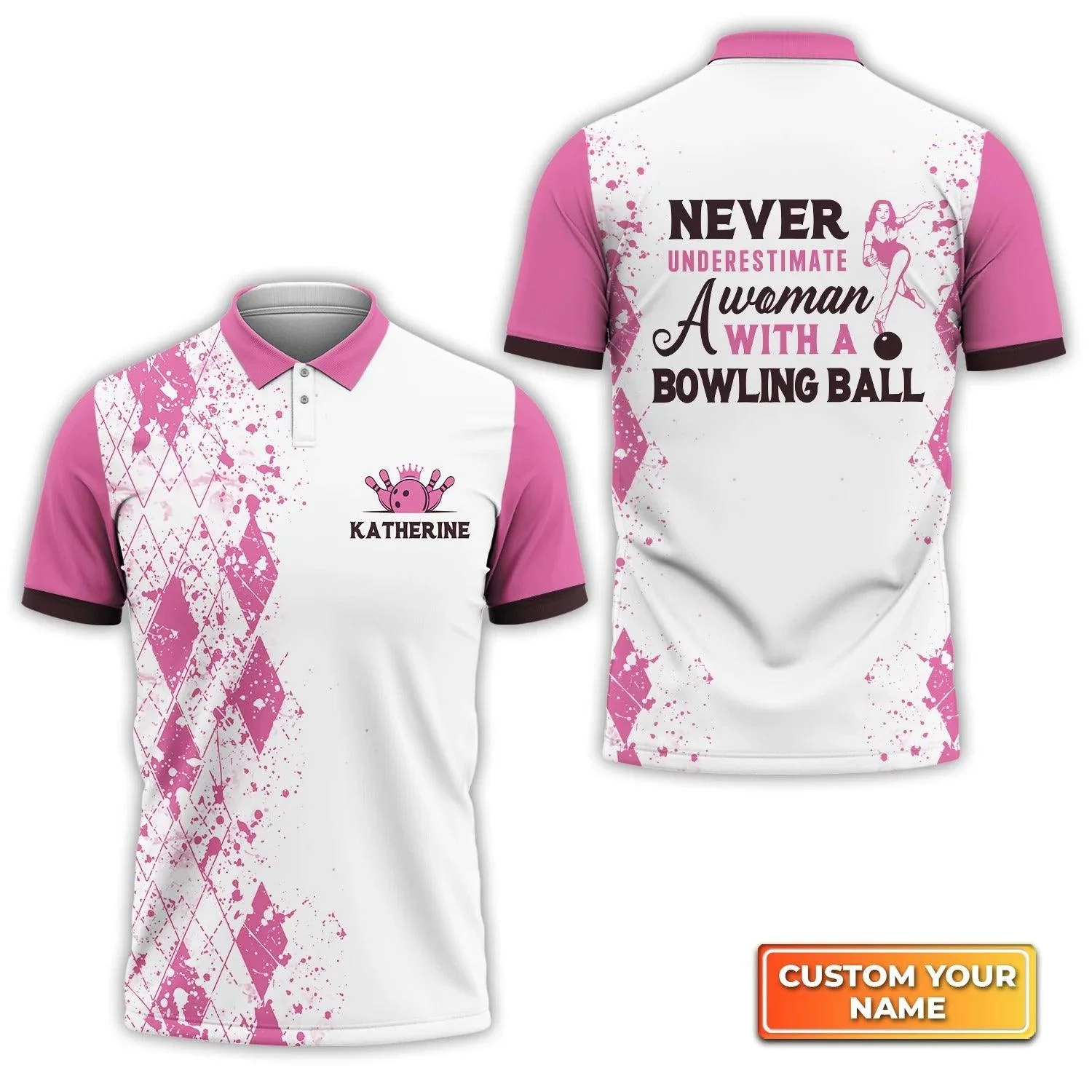 Bowling Custom Women Polo Shirt - Never Underestimate a Woman with a Bowling Ball Pink Personalized Bowling Polo Shirt - Gift For Family, Bowling Lovers - Image 3