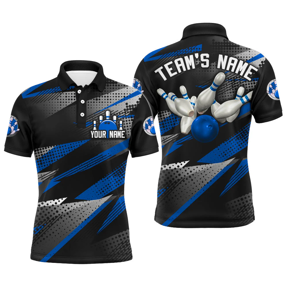 Bowling Customized Jersey Black Blue Shirt Geometric Pattern Bowling Tenpin Quarter Zip Shirt For Bowlers, Bowling Team - Image 2