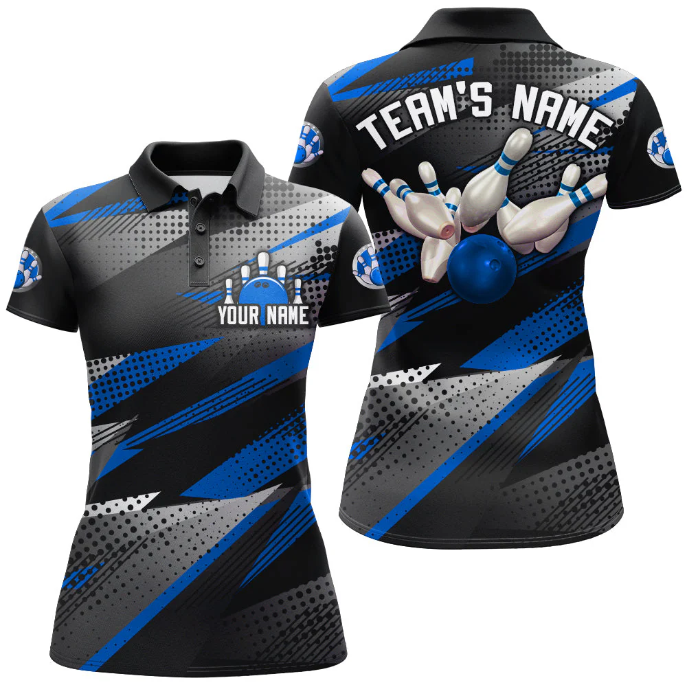 Bowling Customized Jersey Black Blue Shirt Geometric Pattern Bowling Tenpin Quarter Zip Shirt For Bowlers, Bowling Team - Image 3