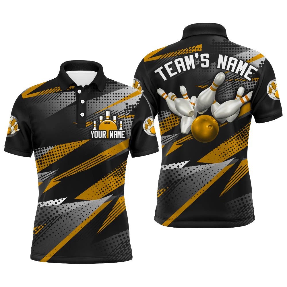 Bowling Customized Jersey Black Gold Shirt Geometric Pattern Bowling Tenpin Quarter Zip Shirt For Bowlers, Bowling Team - Image 2