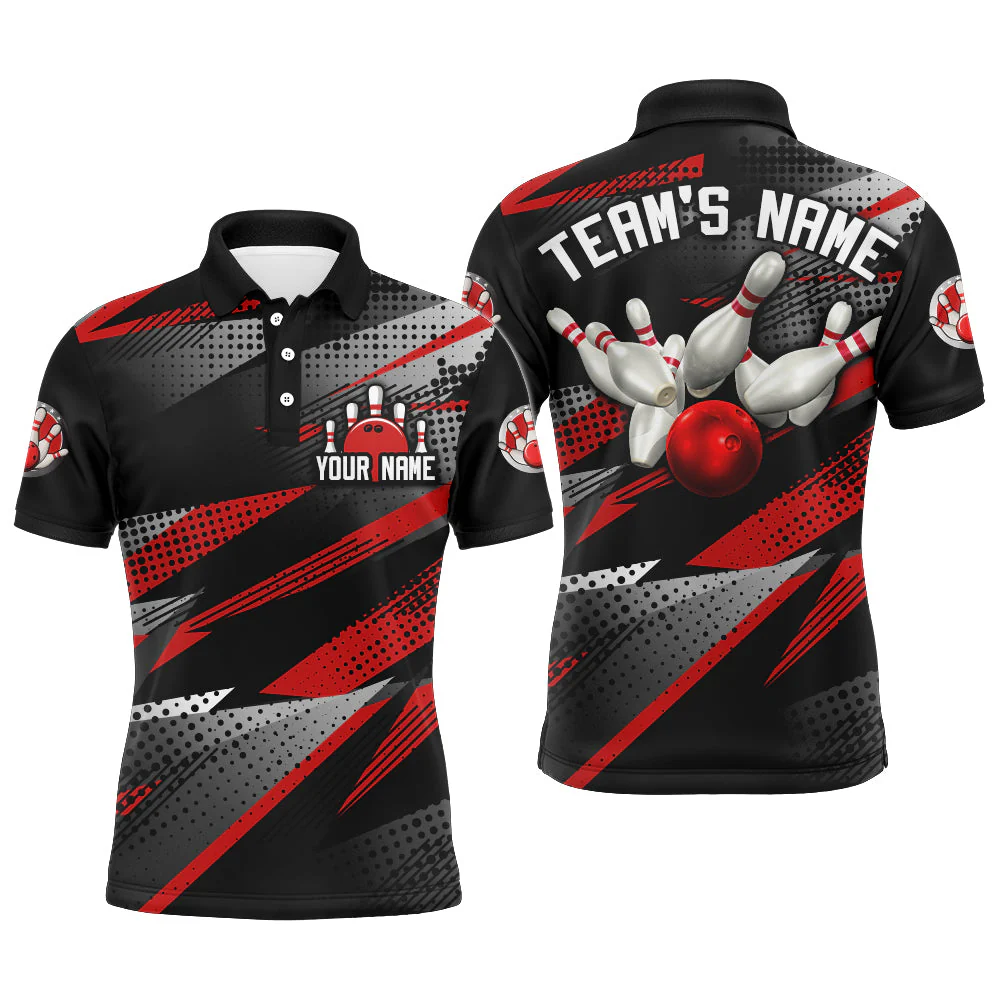 Bowling Customized Jersey Black Red Shirt Geometric Pattern Bowling Tenpin Quarter Zip Shirt For Bowlers, Bowling Team - Image 2