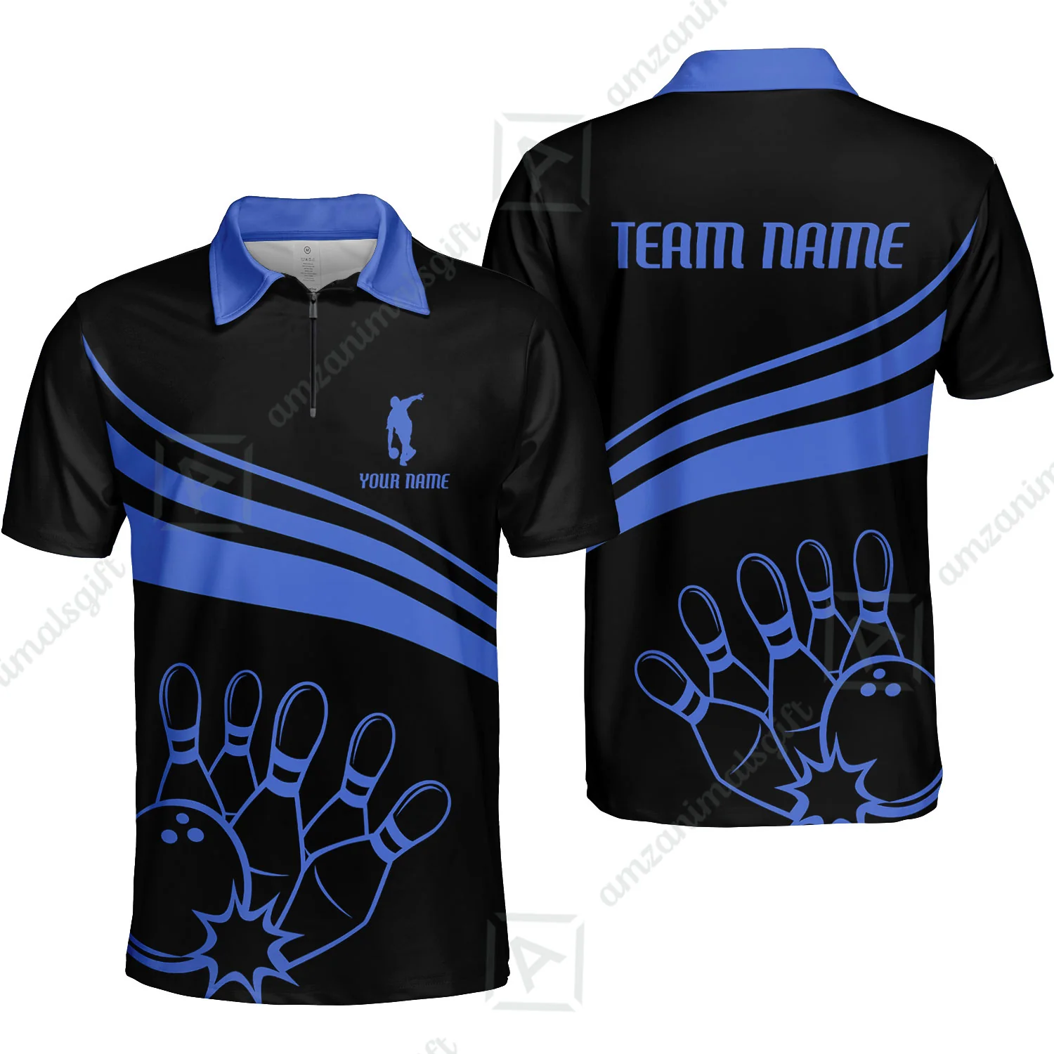 Bowling Customized Jersey Black Shirt Blue Curve Bowling Tenpin Quarter Zip Shirt, Outfit For Bowlers, Bowling Team - Image 4