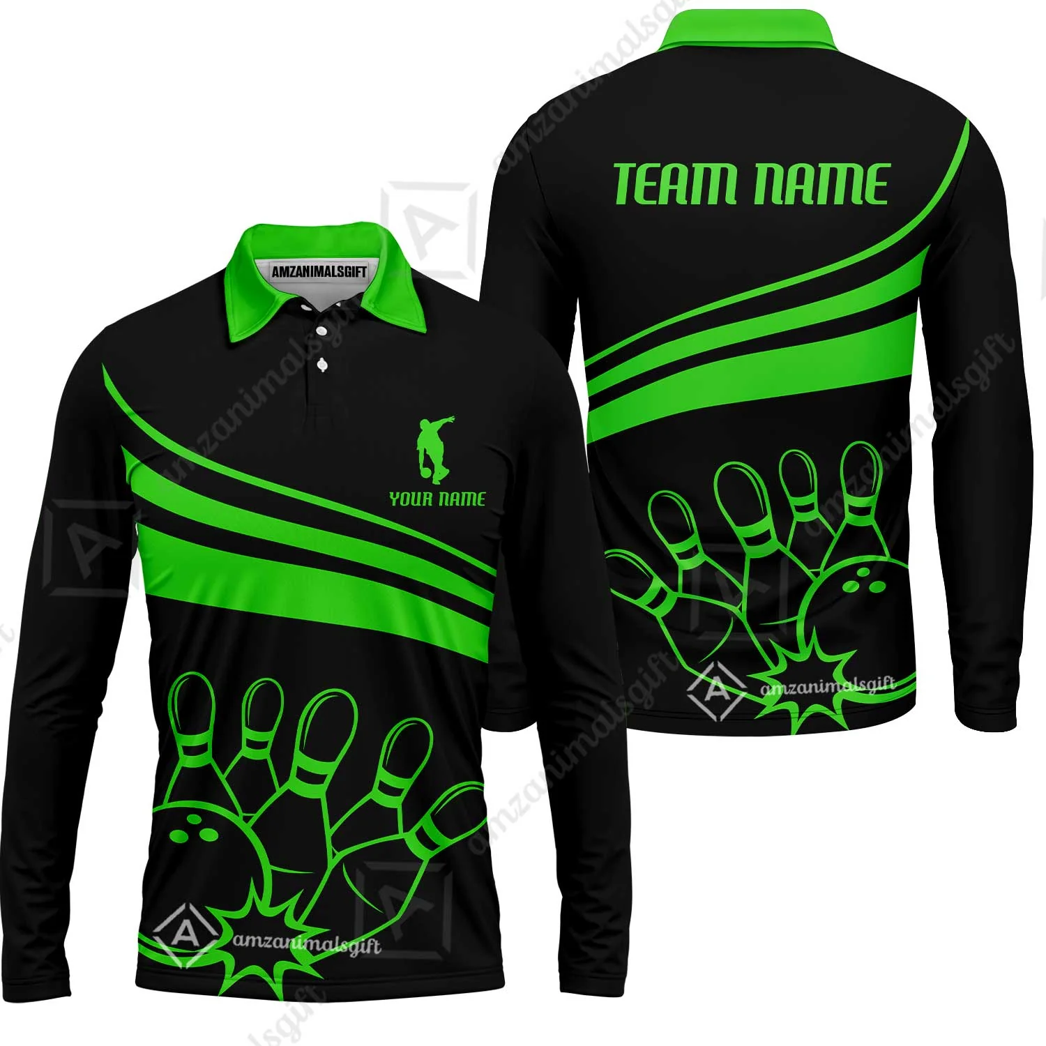 Bowling Customized Jersey Black Shirt Green Curve Bowling Tenpin Quarter Zip Shirt, Outfit For Bowlers, Bowling Team - Image 13