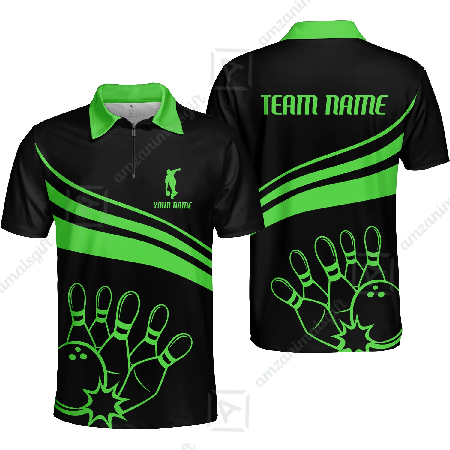 Bowling Customized Jersey Black Shirt Green Curve Bowling Tenpin Quarter Zip Shirt, Outfit For Bowlers, Bowling Team - Image 7