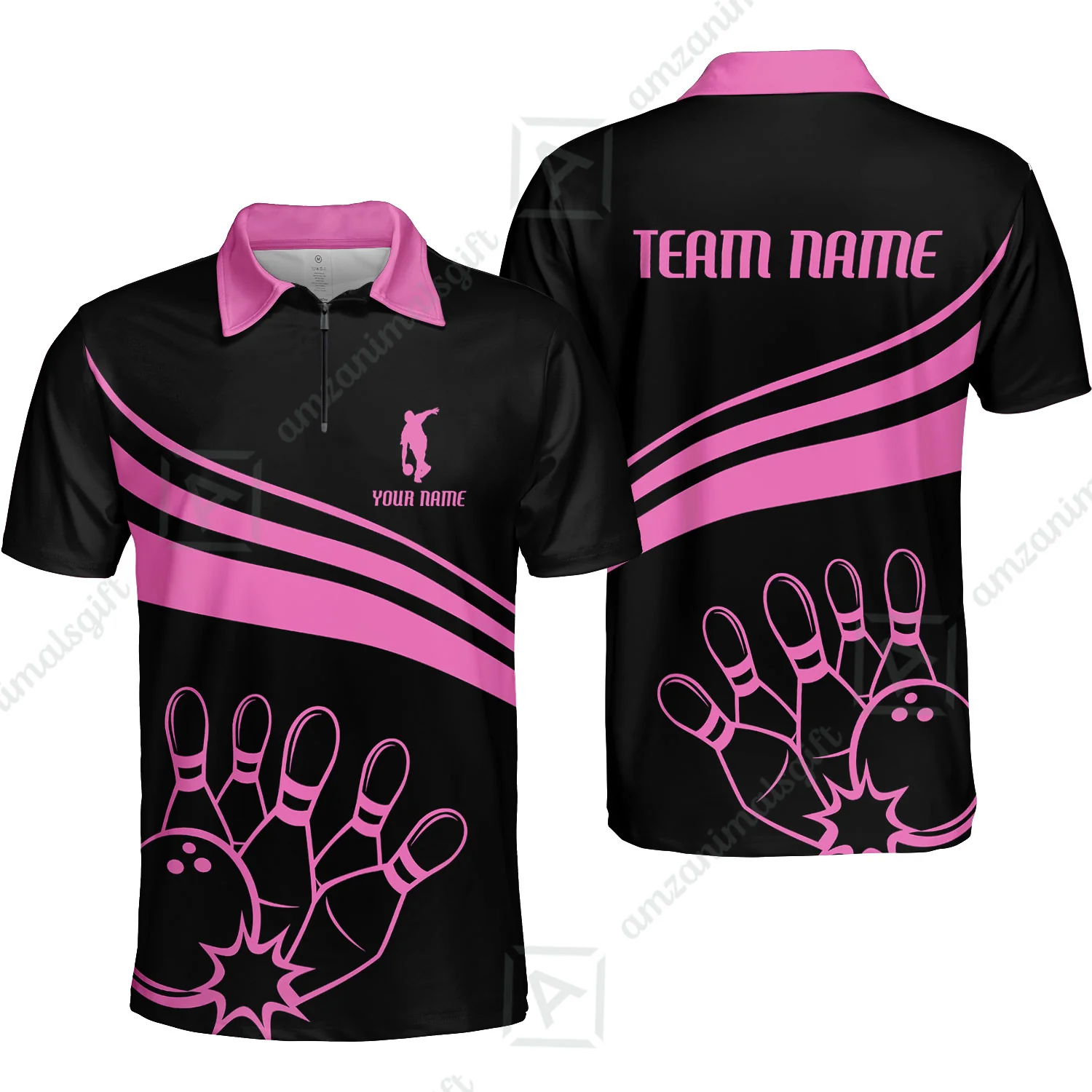 Bowling Customized Jersey Black Shirt Pink Curve Bowling Tenpin Quarter Zip Shirt, Outfit For Bowlers, Bowling Team - Image 4