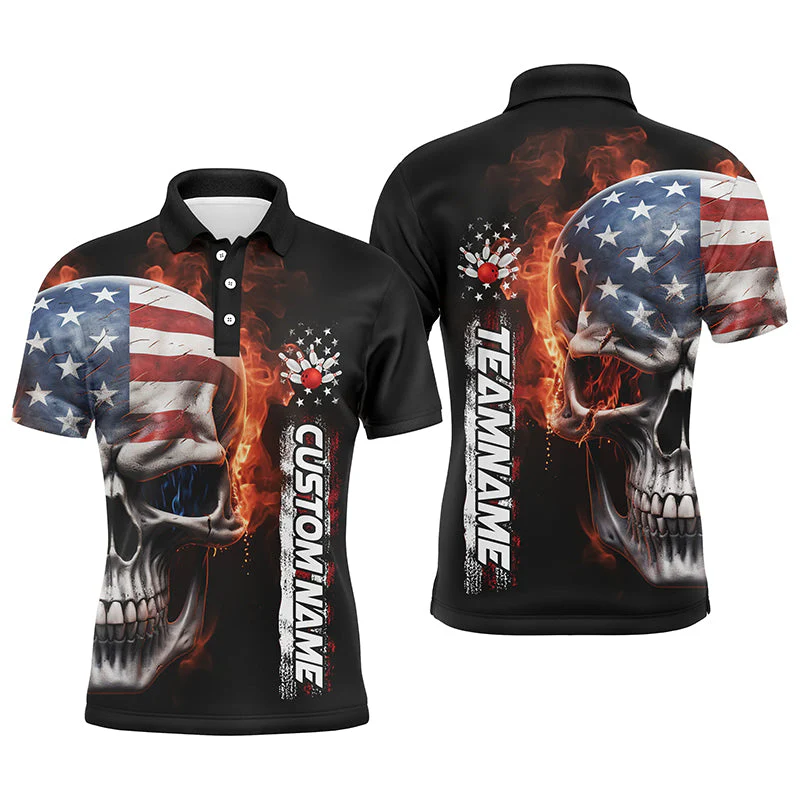 Bowling Customized Jersey Patriotic Shirt Skull American Flag Bowling Tenpin Quarter Zip Shirt For Bowlers, Bowling Team - Image 2