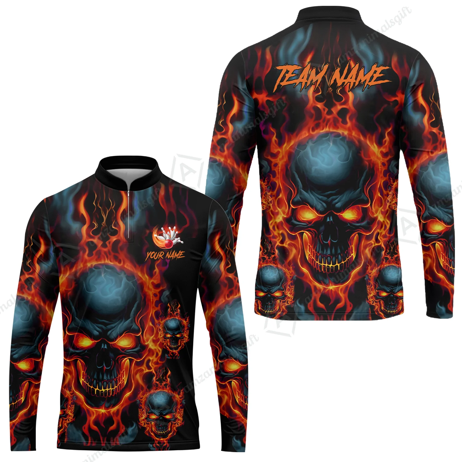 Bowling Customized Jersey Shirt Purple Flame Skull Bowling Tenpin Quarter Zip Shirt, Outfit For Bowlers, Bowling Team - Image 31