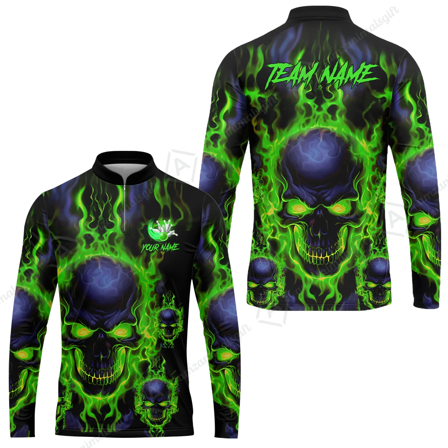 Bowling Customized Jersey Shirt Purple Flame Skull Bowling Tenpin Quarter Zip Shirt, Outfit For Bowlers, Bowling Team - Image 33