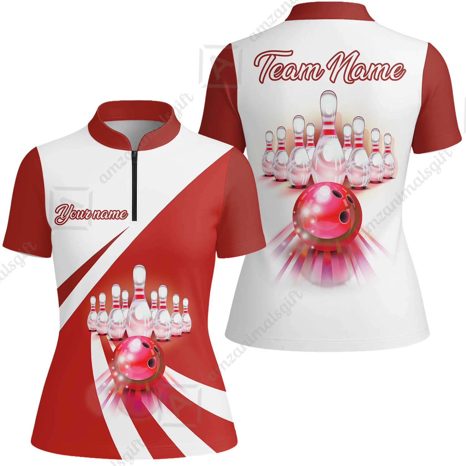 Bowling Customized Jersey White Red Shirt Rolling Bowling Tenpin Quarter Zip Shirt, Outfit For Bowlers, Bowling Team - Image 9