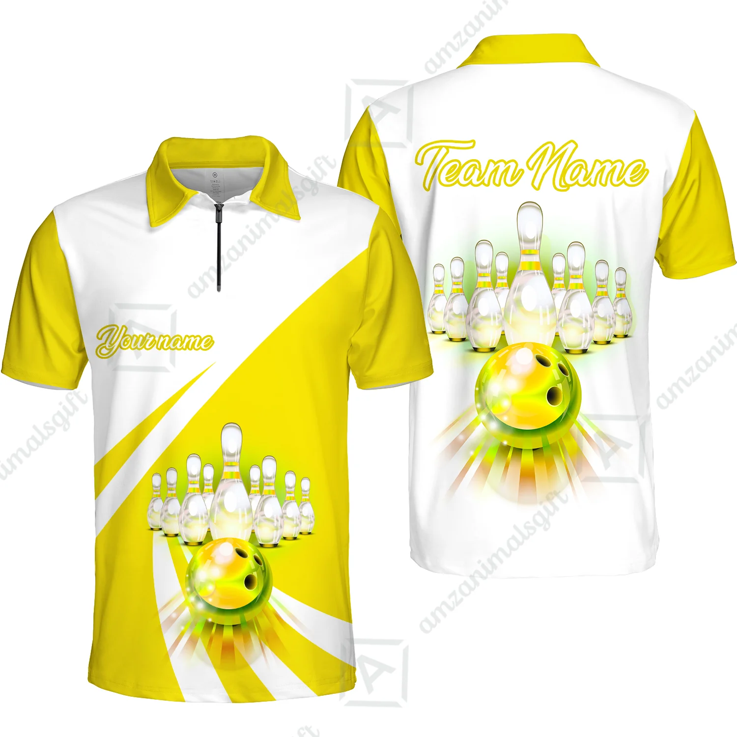 Bowling Customized Jersey White Yellow Shirt Rolling Bowling Tenpin Quarter Zip Shirt, Outfit For Bowlers, Bowling Team - Image 3
