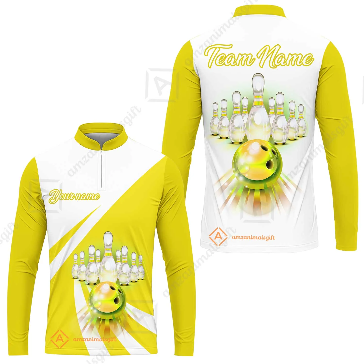 Bowling Customized Jersey White Yellow Shirt Rolling Bowling Tenpin Quarter Zip Shirt, Outfit For Bowlers, Bowling Team - Image 7