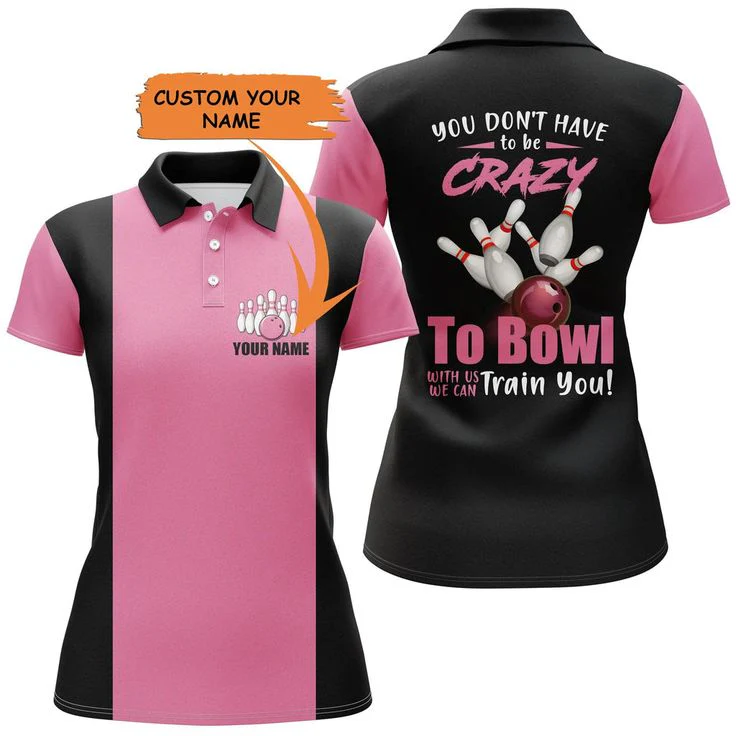Bowling Customized Women Polo Shirt - Crazy Bowling Girl Polo Shirt, Personalized Black Pink Pattern Shirt - Gift For Lady, Bowlers, Bowling Lovers - Image 2