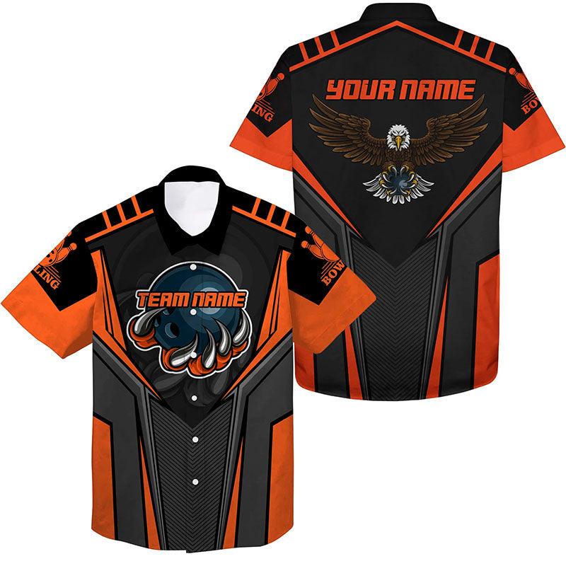 Bowling Eagle Custom Name And Team Name Hawaiian Shirt, Orange Black Bowling Personalized Hawaiian Shirts For Men Women, Team, Bowling Lovers, Bowlers
