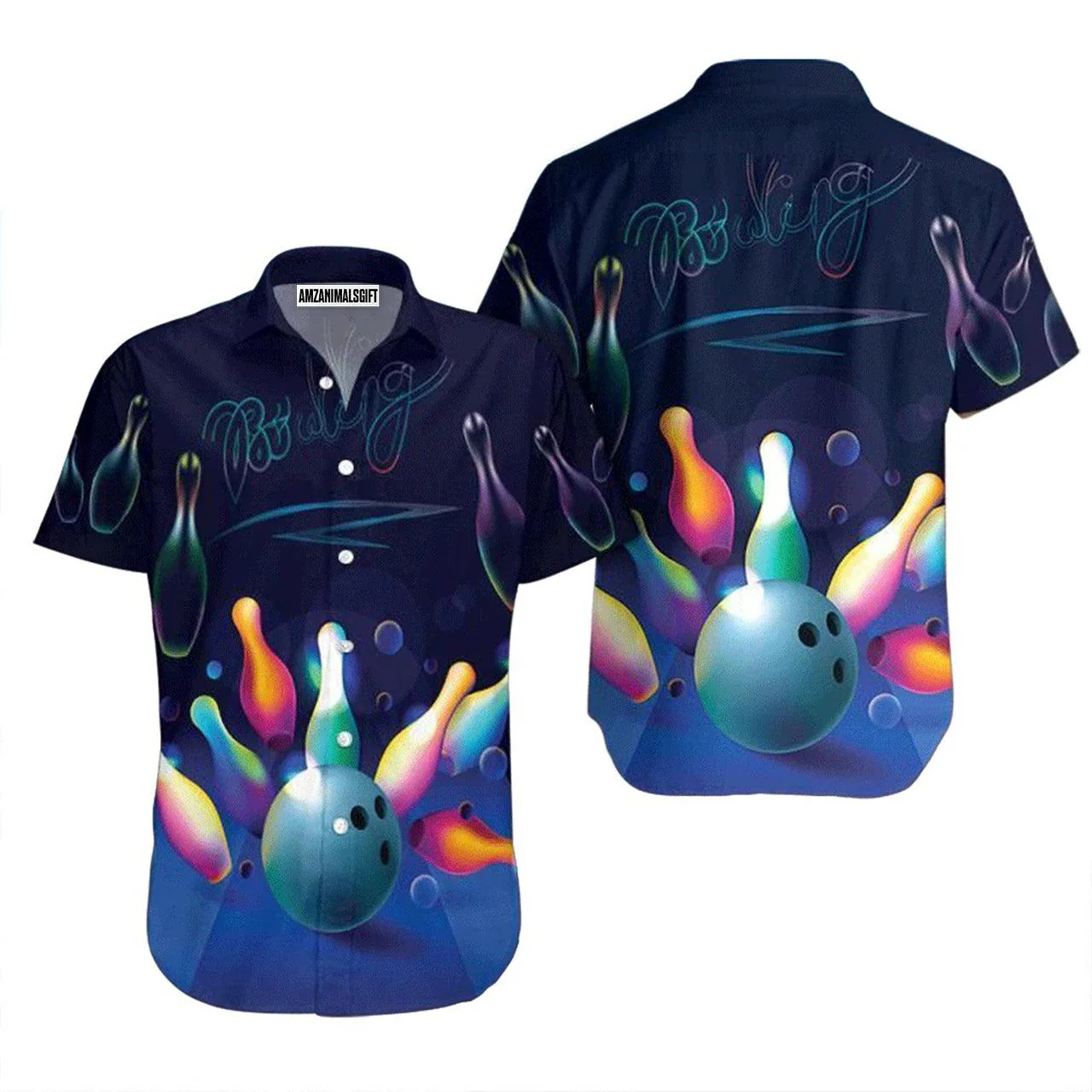 Bowling Hawaiian Shirt, Bowling Glowing Neon Blue Aloha Hawaiian Shirts For Men and Women - Gift For Bowling Lovers, Friend, Family