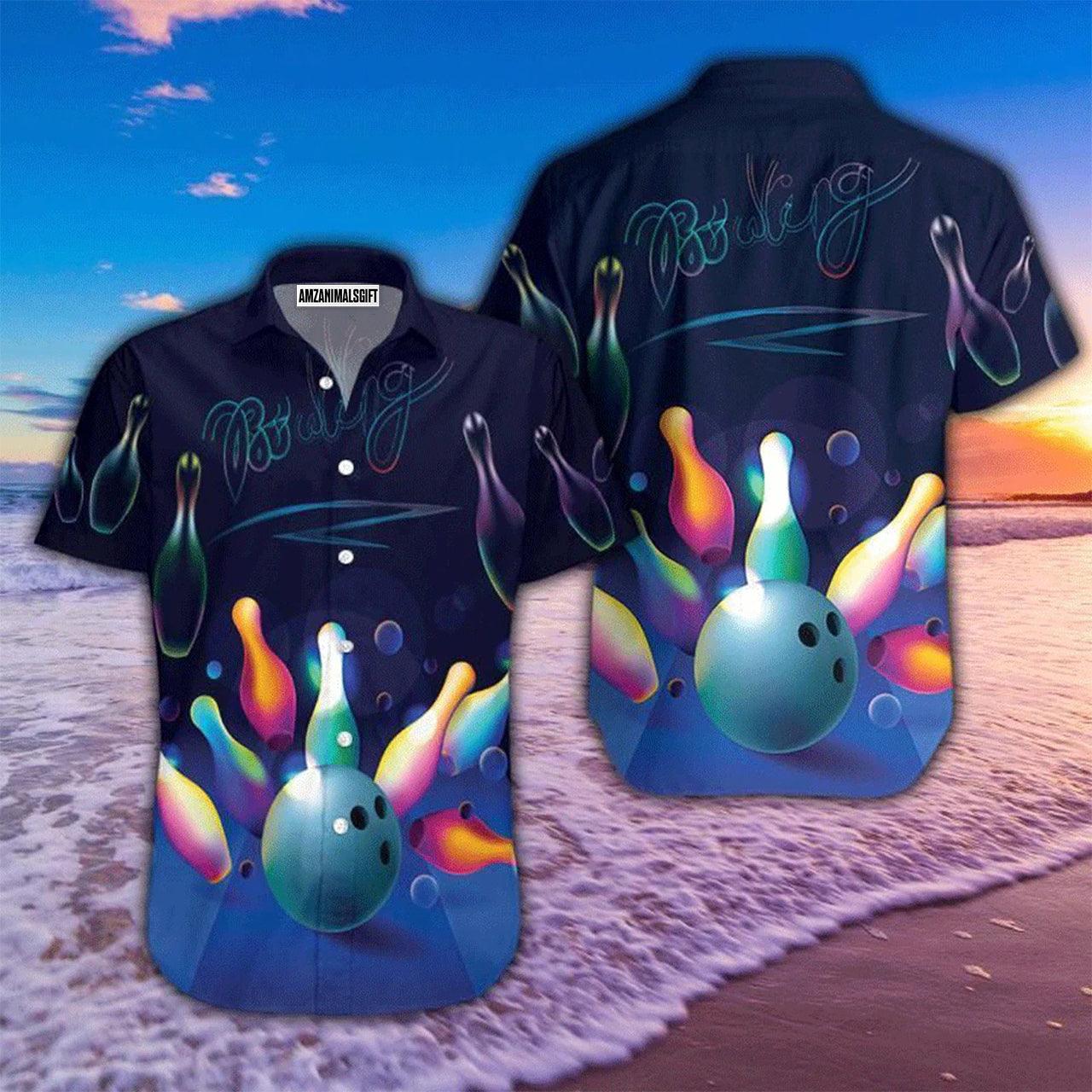 Bowling Hawaiian Shirt, Bowling Glowing Neon Blue Aloha Hawaiian Shirts For Men and Women - Gift For Bowling Lovers, Friend, Family - Image 2