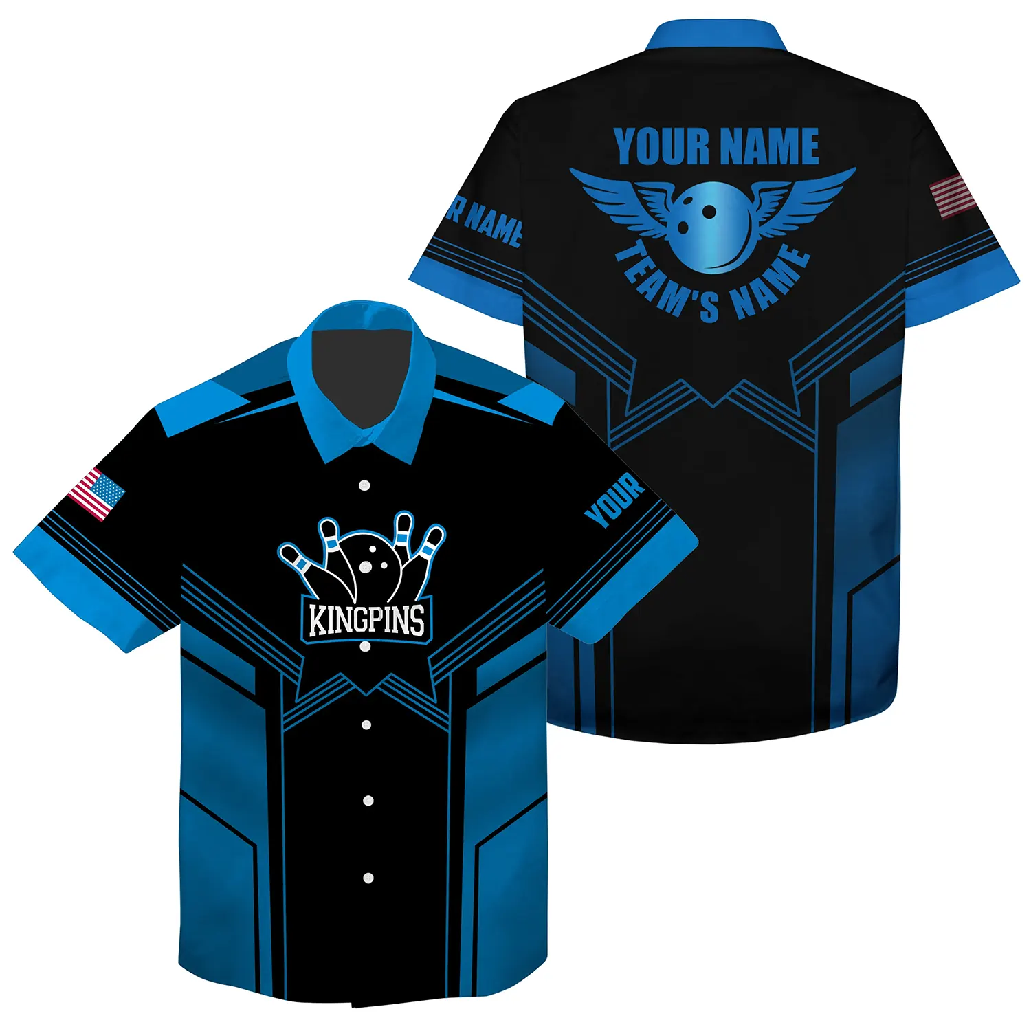 Bowling Hawaiian Shirt Custom Name And Team Name, Blue And Black Bowling Personalized Hawaiian Shirts For Men Women, Team, Bowling Lovers, Bowlers
